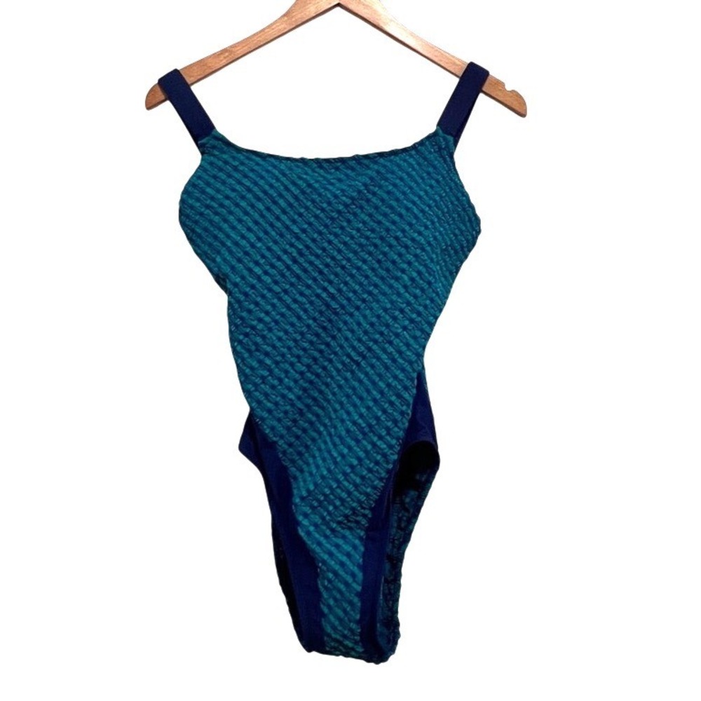 Vintage Jantzen Women's Teal Navy Textured Stripe One Piece Swimsuit Size 10 80s